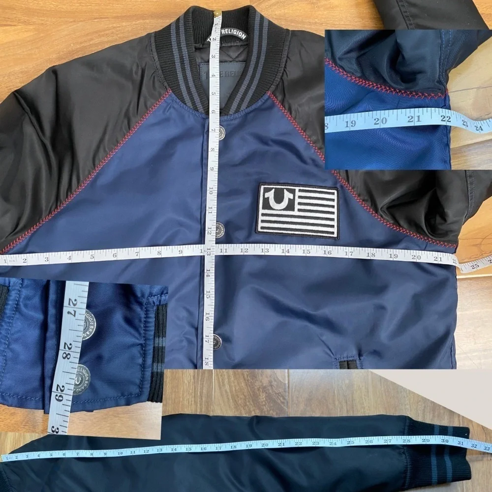 True Religion Men’s Bomber Varsity Jacket Quilted Nylon Navy Black Streetwear M